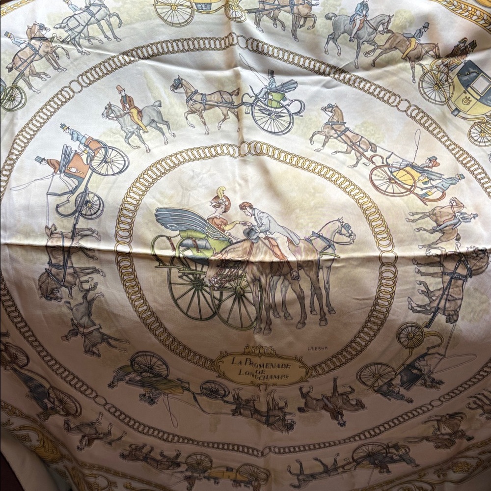 Hermes La Promenade de Longchamps Silk Scarf — Cream, Gold & Blue Accents - Picture 3 of 4